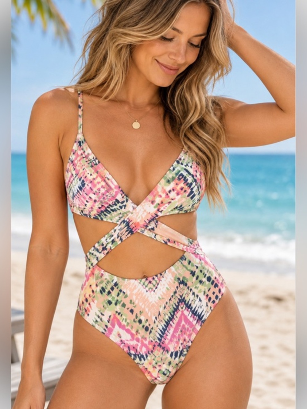 Aerie Multicolor Abstract Cutout One Piece Swimsuit XS